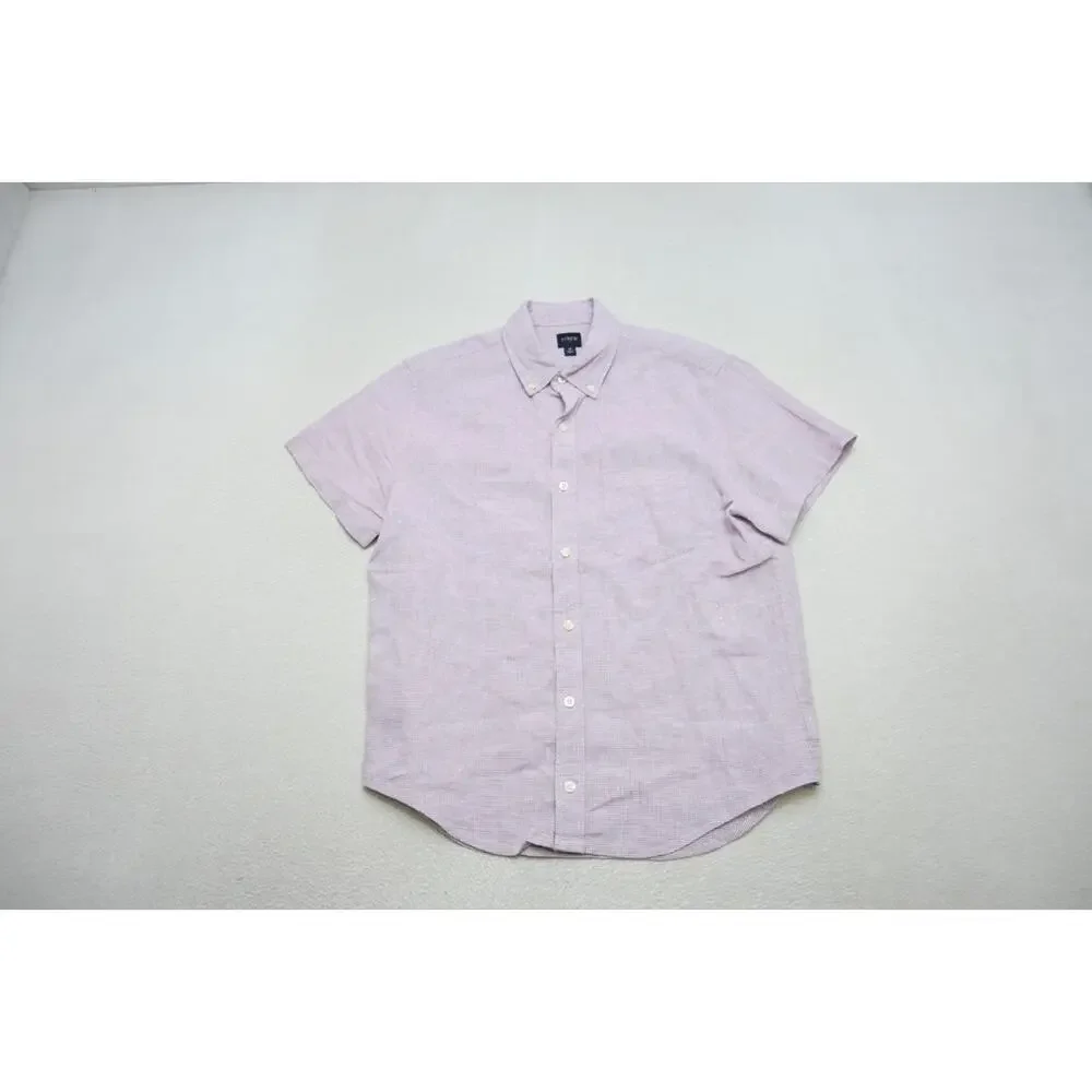 J Crew Button Up Dress Shirt Linen Blend Casual Plaid Short Sleeve‎ Mens Medium